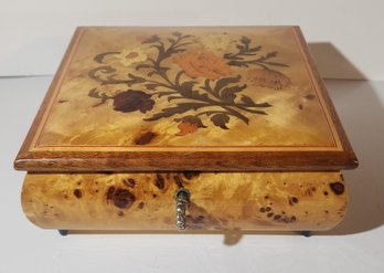 Italuan Mahogany And Burlwood Marquetry Inlaid Musical Jewelry Box