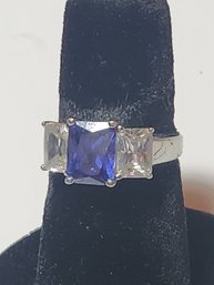 10 Kt. White Gold Riing With Synthetic Saphire And Cubic Zirconias (represented As 10 Karat Possibly 14 Karat)