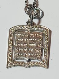 18' Sterling Silver Chain With A Sterling Silver Tablet Of The Ten Commandments Pendant  In Hebrew