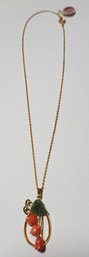 Vintage 14' Gold Plated Chain And Pendant With Carved Jade And Coral