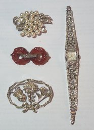 Four Piece Rhinestone Jewelry Lot Including Kent Wrist Watch