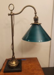 Brass Goose Neck Table Lamp With Green Cased Glass Shade