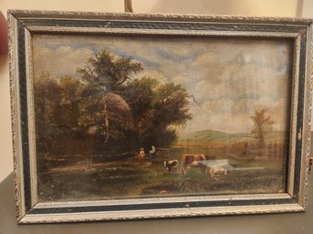 Oil Painting Depicting People And Cows On The Countryside