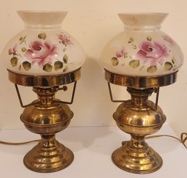 Pair Of Brass Lamps With Hand Painted Floral Decorated Shades