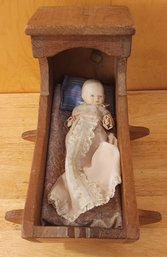 Pine Doll Cradle With Porcelain Doll