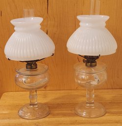 Pair Of Pedestal Oil Guard Kerosene Lampswith Milk Glass Shades