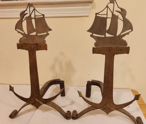 Pair Of Brass Ship And Achor Andirons
