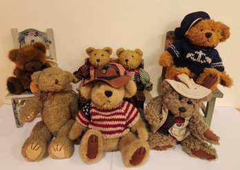 Lot Of Seven Teddy Bears With Chairs And Bench
