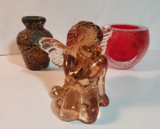 Pink Cherub Candle Holder,5th Ave. Overshot Crystal  Vase ,and Mosaic Glas Vase