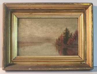Oil Painting On Board Of A Misty Morning River In A Lemon Gold  Frame