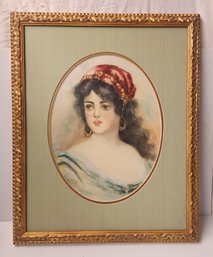 Beautifully Framed Antique Watercolor Painting Of A Young Woman