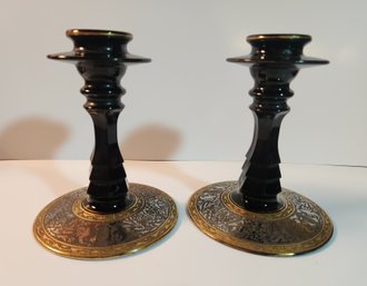 Pair Of Elegant Black Glass Candlesticks