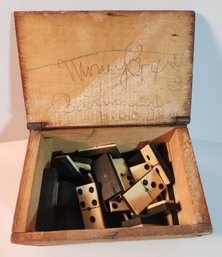 Antique Pine Box Filled With Ebony And Ivory Dominos