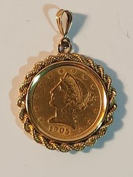 1905 Five Dollar Gold Piece In Bezel