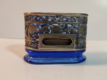 Silver Wrapped Cobalt Blue Cigarette Dispenser With Matchbook Holder