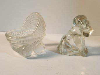 Pattern Glass Baby Carriage Master Salt Dish And  Mopey Puppy Dog Candy Container