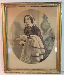 Nineteenth Century Print Of A Woman With A Bowl Of Soup And Medicine In The Lemon Gold Frame
