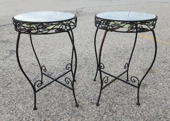 Pair Of Wrought Iron Grape And Leaf Decorated Side Tables With Glass Tops