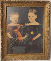 Vintage Gold Framed Print Of Early American Portrait Of Two Children