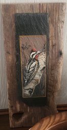 Signed Painting On Slate Of A Woodpecker
