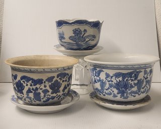 Three Blue And White Chinese Porcelain Planters With Underplates