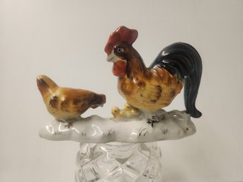 Hand Painted Japanese Porcelain Chicken Family