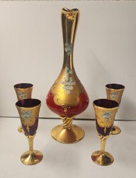 Hand Blown Enamel  And Gold Decorated.Italian Italian Ruby Glass Cordial Set