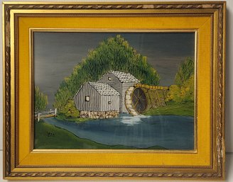 Framed Reverse On Glass Painting Of A Saw Mill Signed Less