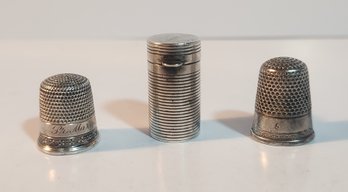 Two Sterling Silver Thimbles And A Small Sterling Silver Container