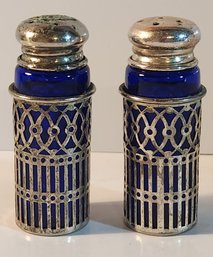Pair Of Silver Plated Salt And Pepper Shakers With Cobalt Blue Glass Inserts