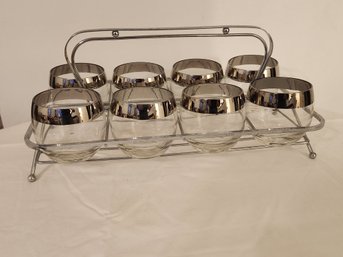 Set Of Mid Century Silver Rimmed High Ball Glasses In Chrome Rack