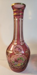 Cranberry Cut To Clear Bottle With Floral Enamel Painting.