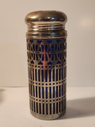 Silver Plated Sugar Shaker With Cobalt Blue Glass Insert