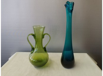 Viking Glass 12in Blue Bud Vase And Green Two Handled Vase