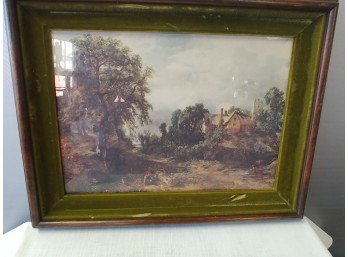 Framed European Print Of Woman Gardening By Stream