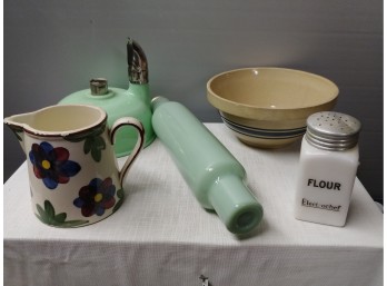 5 Piece Kitchenware A Lot To Include Jadeite And Electro Chef Flour Shaker