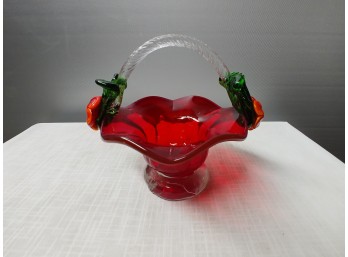 Hand Blown Ruby Glass Basket With A Applied Handle And Applique