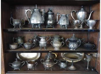 Three Shelves Filled With Victorian Quadruple Plated Halo Wear And Silver Over Copper Holloware