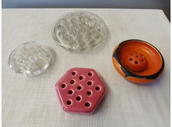 3 Flower Frogs And A Miniature Japanese Low Bowl With Flower Frog