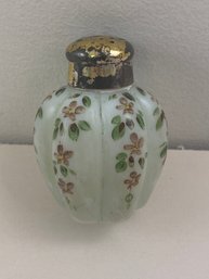 19th Century Hand Paint Lobed Sugar Shaker Clam Broth Opaque Glass