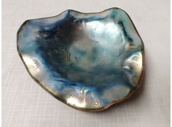 Mid-century Scalloped  Enamel Over Copper Triangular Bowl