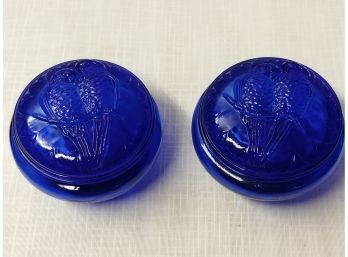 Pair Of Cobalt Blue Glass  Jars With Love Birds