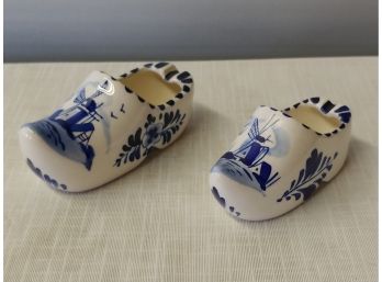 2 Hand-painted Delft Windmill Decorated Shoe Form Ashtrays