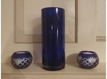 Tall Cylindrical Cased Cobalt Blue Vase And To Cut To Clear Bulbous Candle Holders