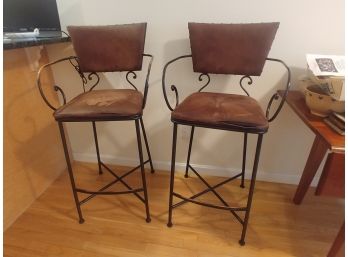 Pair Of Heavy Wrought Iron Bar Stools With Arms