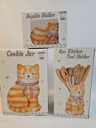 1980s Cat Cookie Jar Napkin Holder And Toolholder In Original Boxes