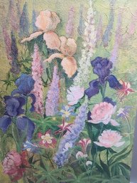 1984, Molly Eipper Signed - Oil On Board Floral, Titled, 'summer Garden' Damariscotta, Me. Artist