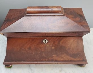 1800'S, Sarcophagus Top English Tea Box With Rare, Original Cut Glass Insert