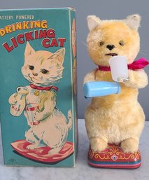 Scarce, 1950's T.N. Japan Drinking, Licking Cat - Vintage Battery Operated Toy NMIB