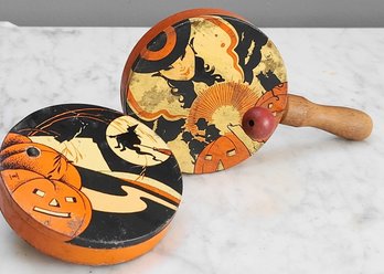 A Pair Of Antique Tin,  Halloween Noisemakers - Witch And Jack-o-lantern